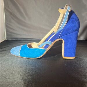 Mavette Nola d’Orsay stacked heel pump in blue suede